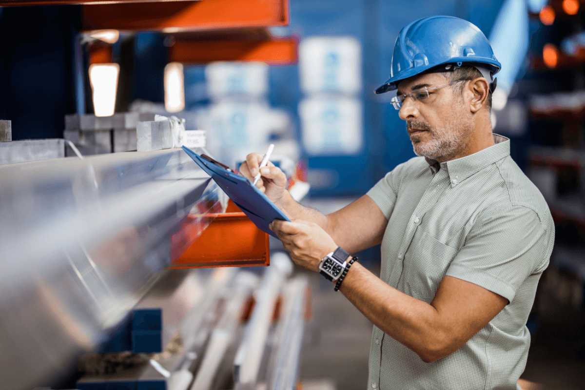 Manual data entry A man wearing a blue safety helmet, standing next to an equipment machine in a manufacturing factory, manually inputting data using pen and paper.